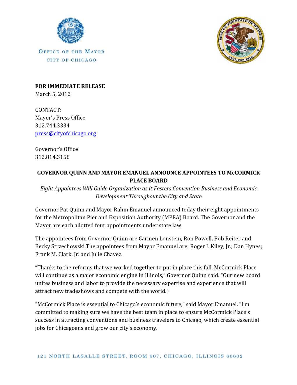 FOR IMMEDIATE RELEASE March 5, 2012 CONTACT: Mayor's Press