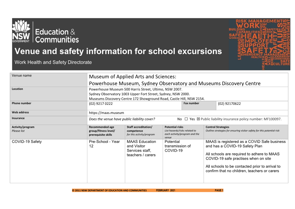 Venue and Safety Information for School Excursions