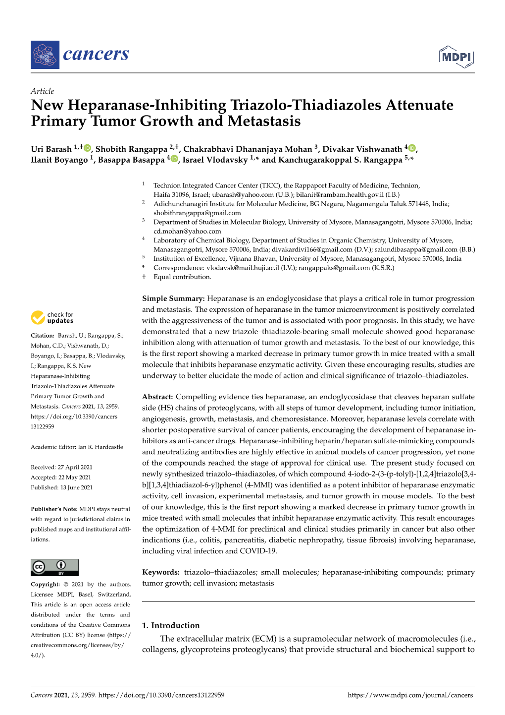 New Heparanase-Inhibiting Triazolo-Thiadiazoles Attenuate Primary Tumor Growth and Metastasis