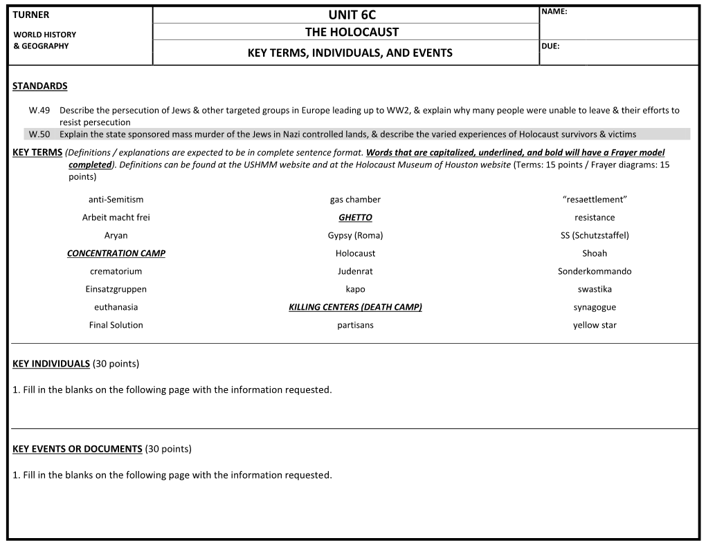 The Holocaust & Geography Due: Key Terms, Individuals, and Events