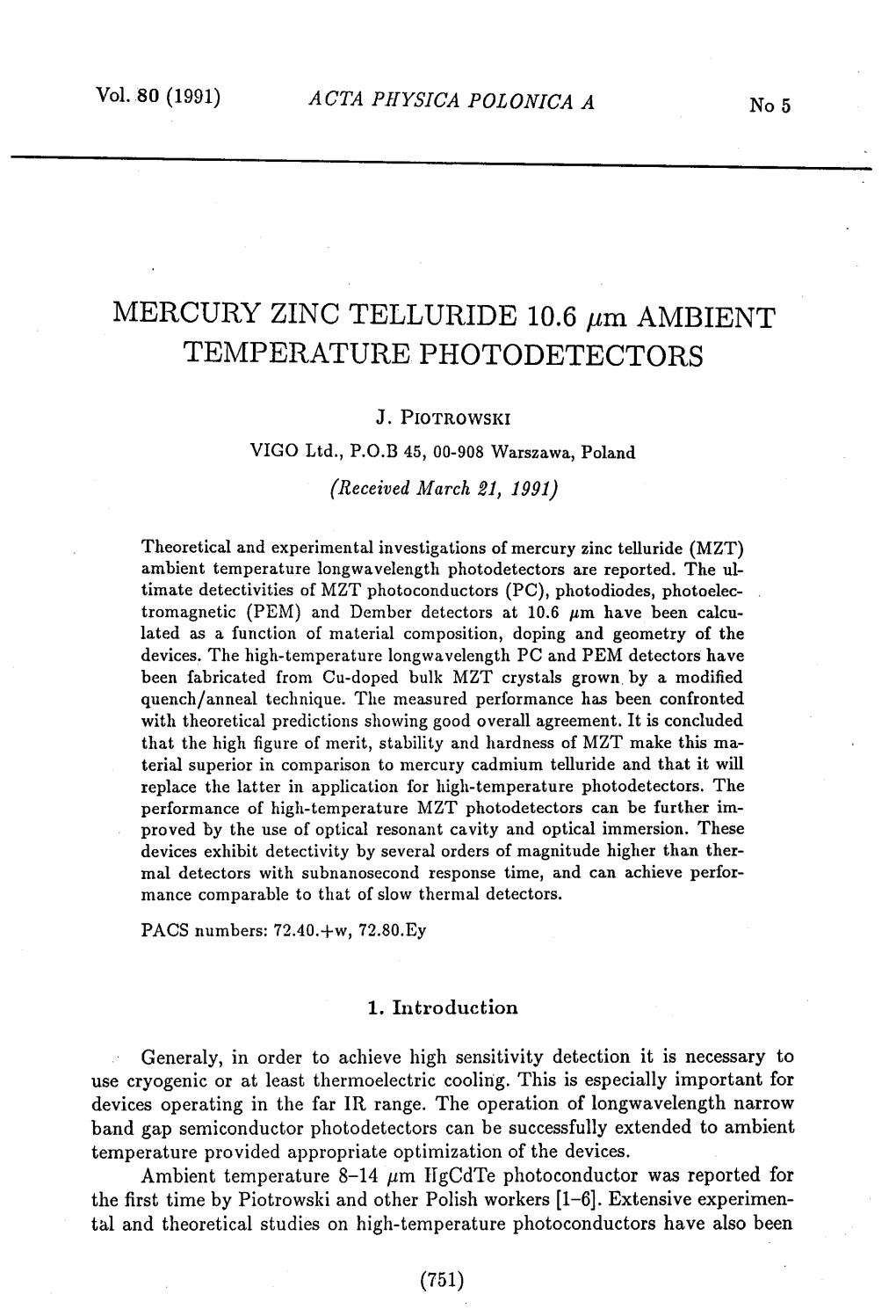 MERCURY ZINC TELLURIDE 10.6 Pm AMBIENT TEMPERATURE PHOTODETECTORS