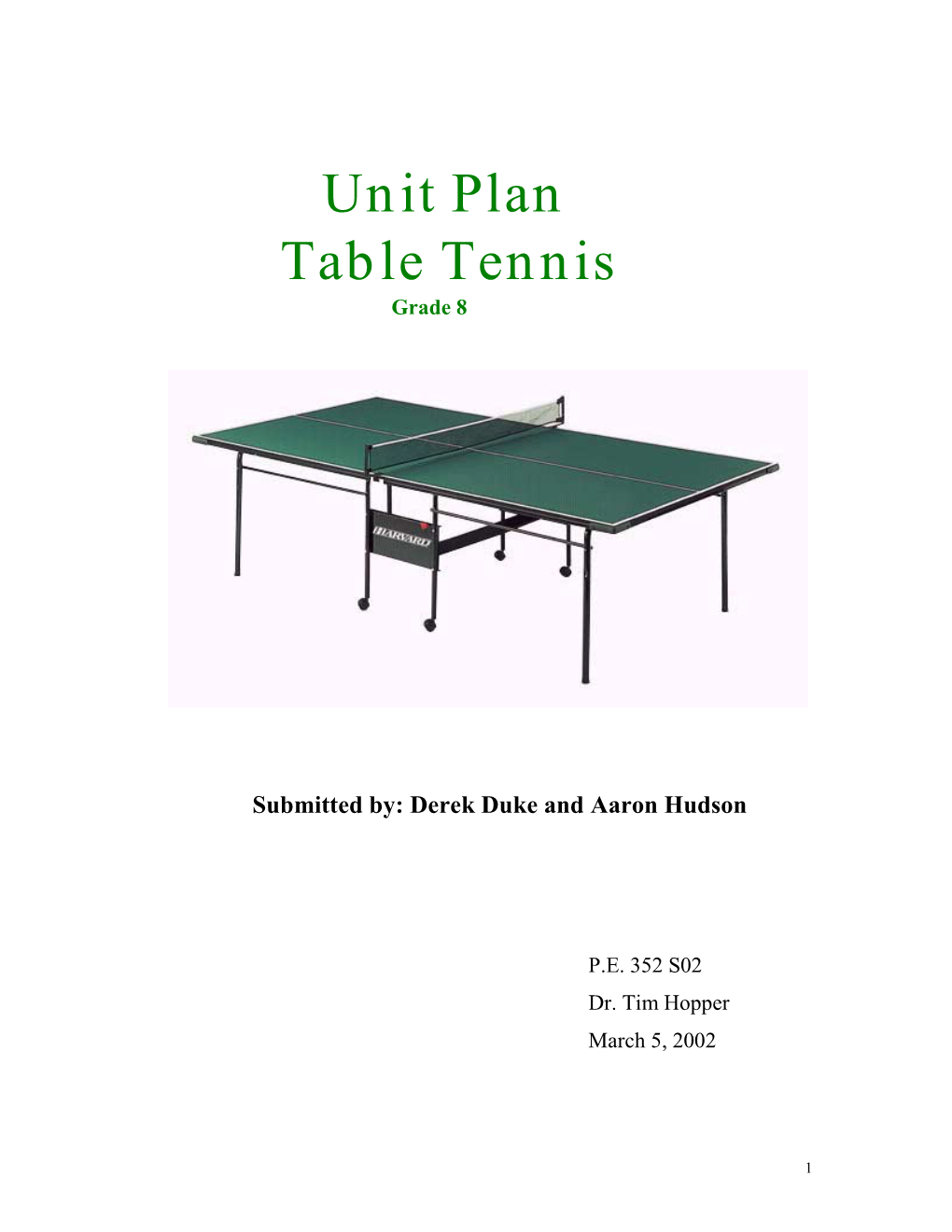 Unit Plan Table Tennis Grade 8
