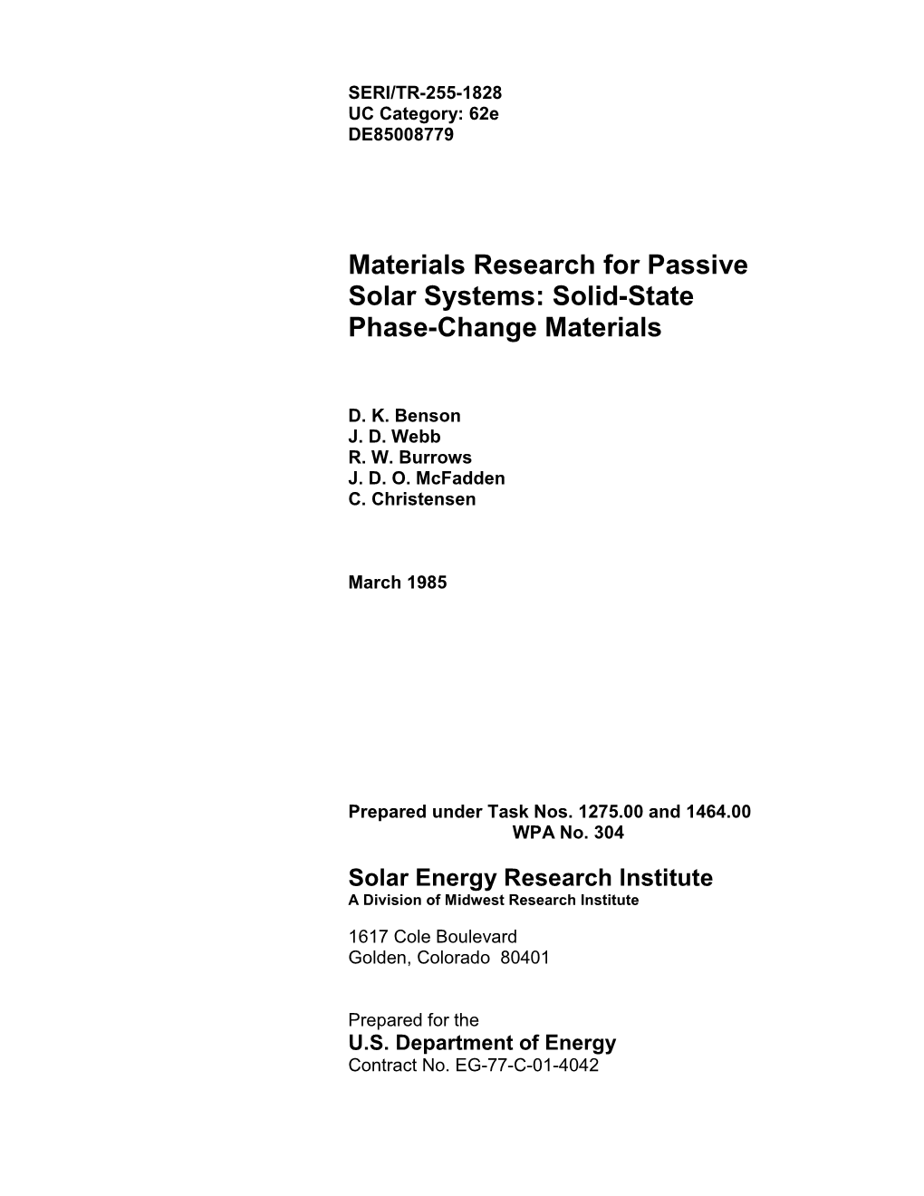 Materials Research for Passive Solar Systems: Solid-State Phase-Change Materials