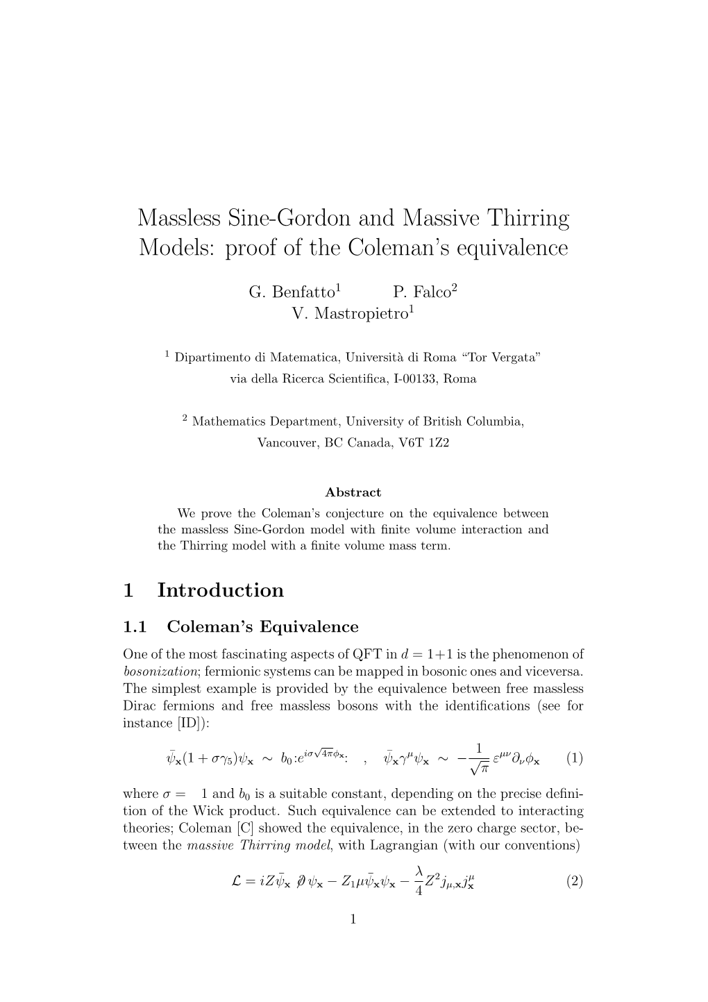 Massless Sine-Gordon and Massive Thirring Models: Proof of the Coleman’S Equivalence