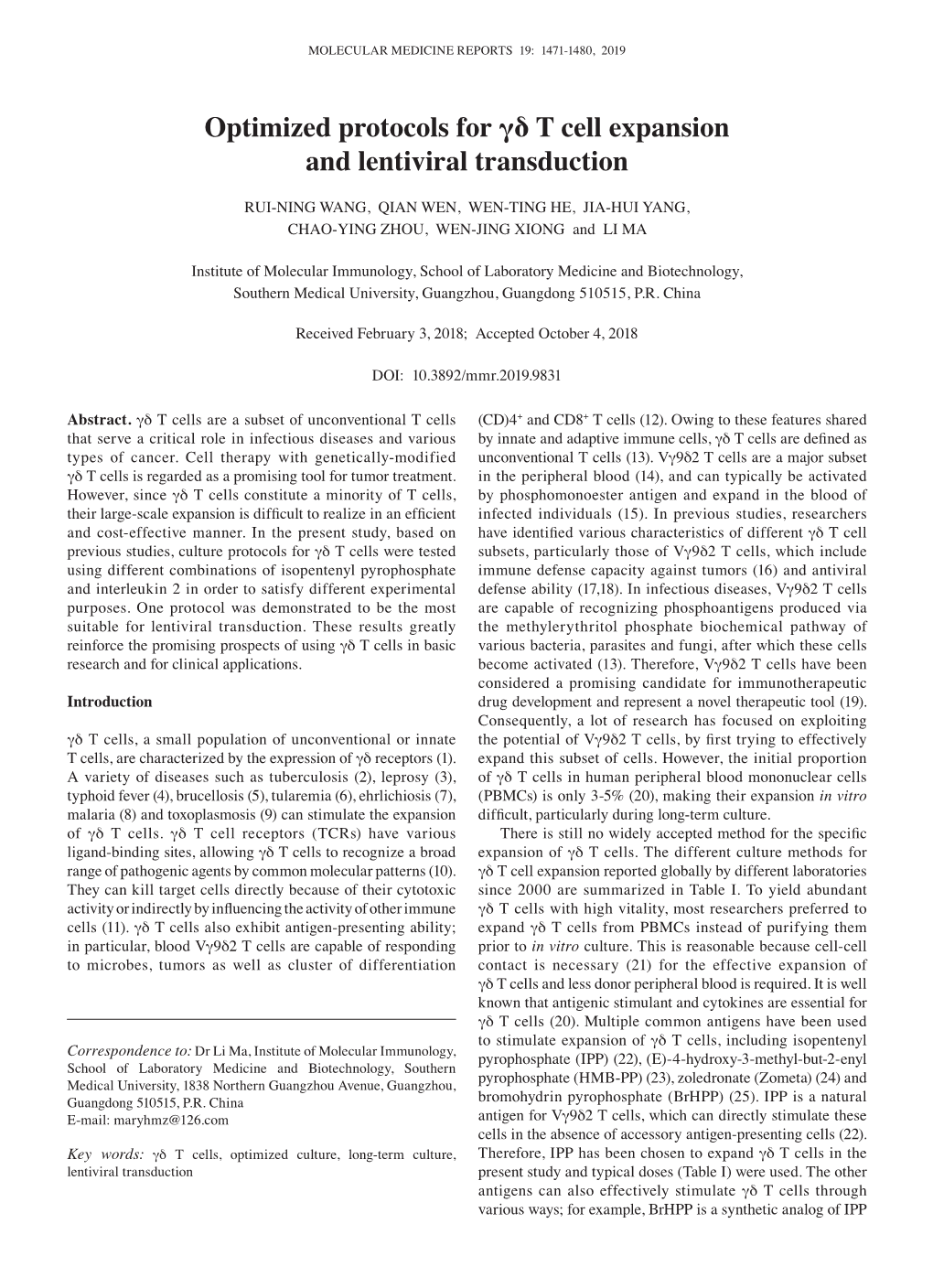 Optimized Protocols for Γδ T Cell Expansion and Lentiviral Transduction