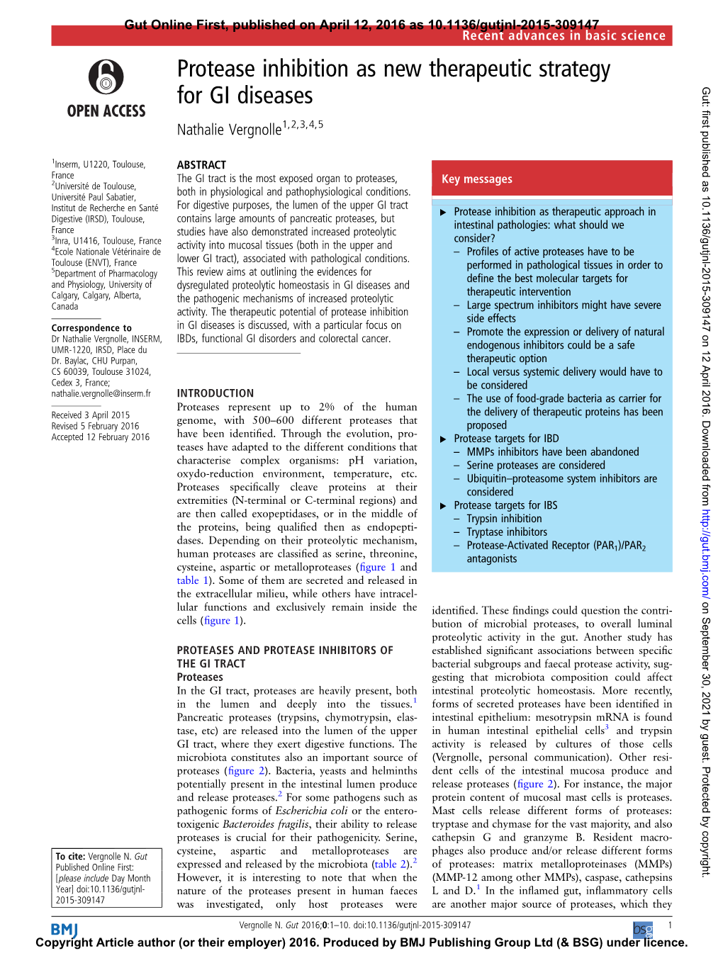 Protease Inhibition As New Therapeutic Strategy for GI Diseases Gut: First Published As 10.1136/Gutjnl-2015-309147 on 12 April 2016