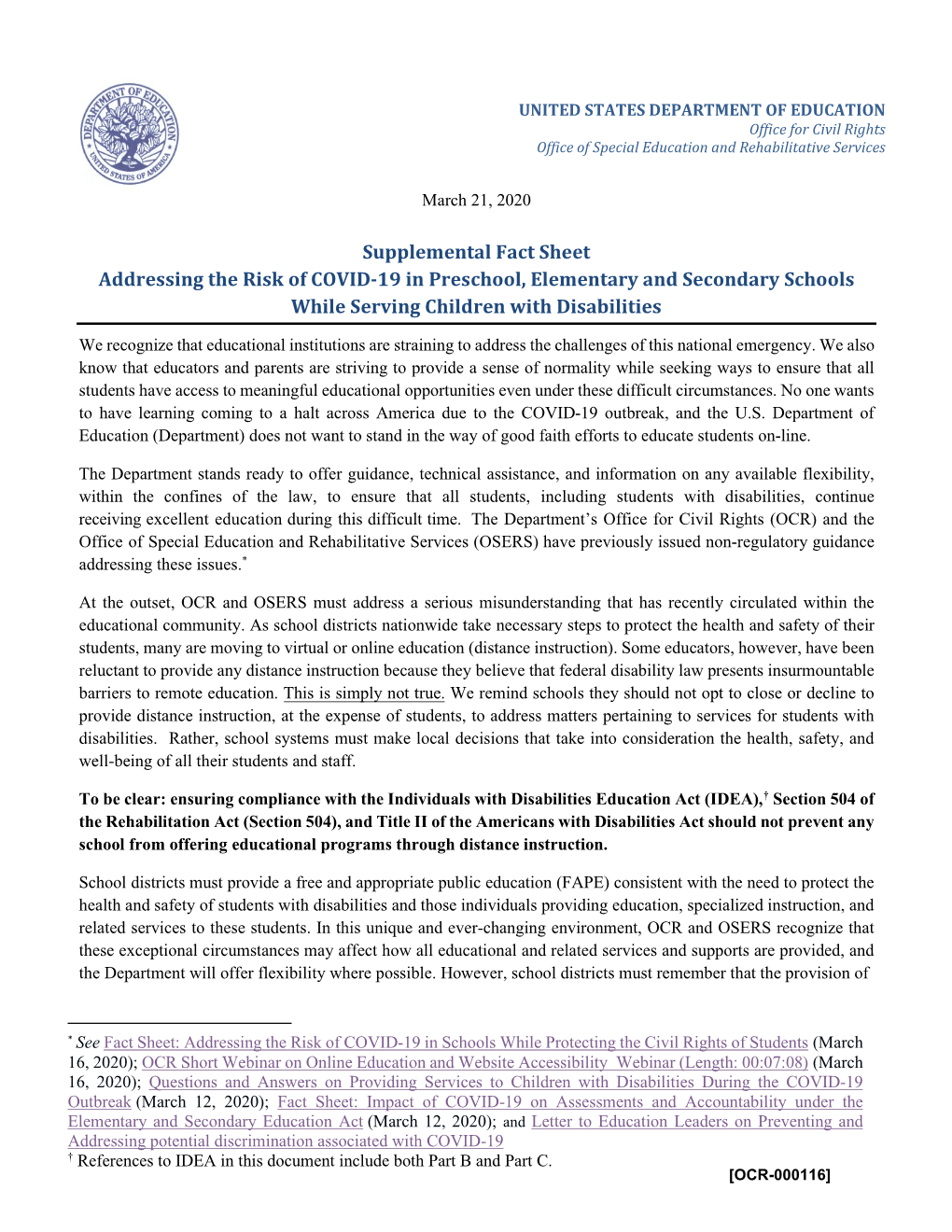 Supplemental Fact Sheet Addressing the Risk of COVID-19 in Preschool, Elementary and Secondary Schools While Serving Children with Disabilities