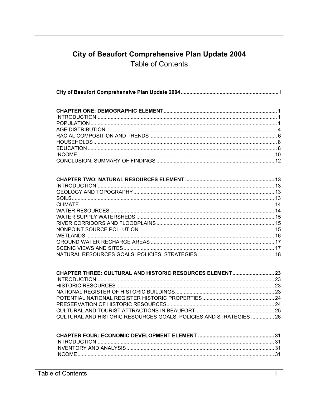 City of Beaufort Comprehensive Plan Update 2004 Table of Contents