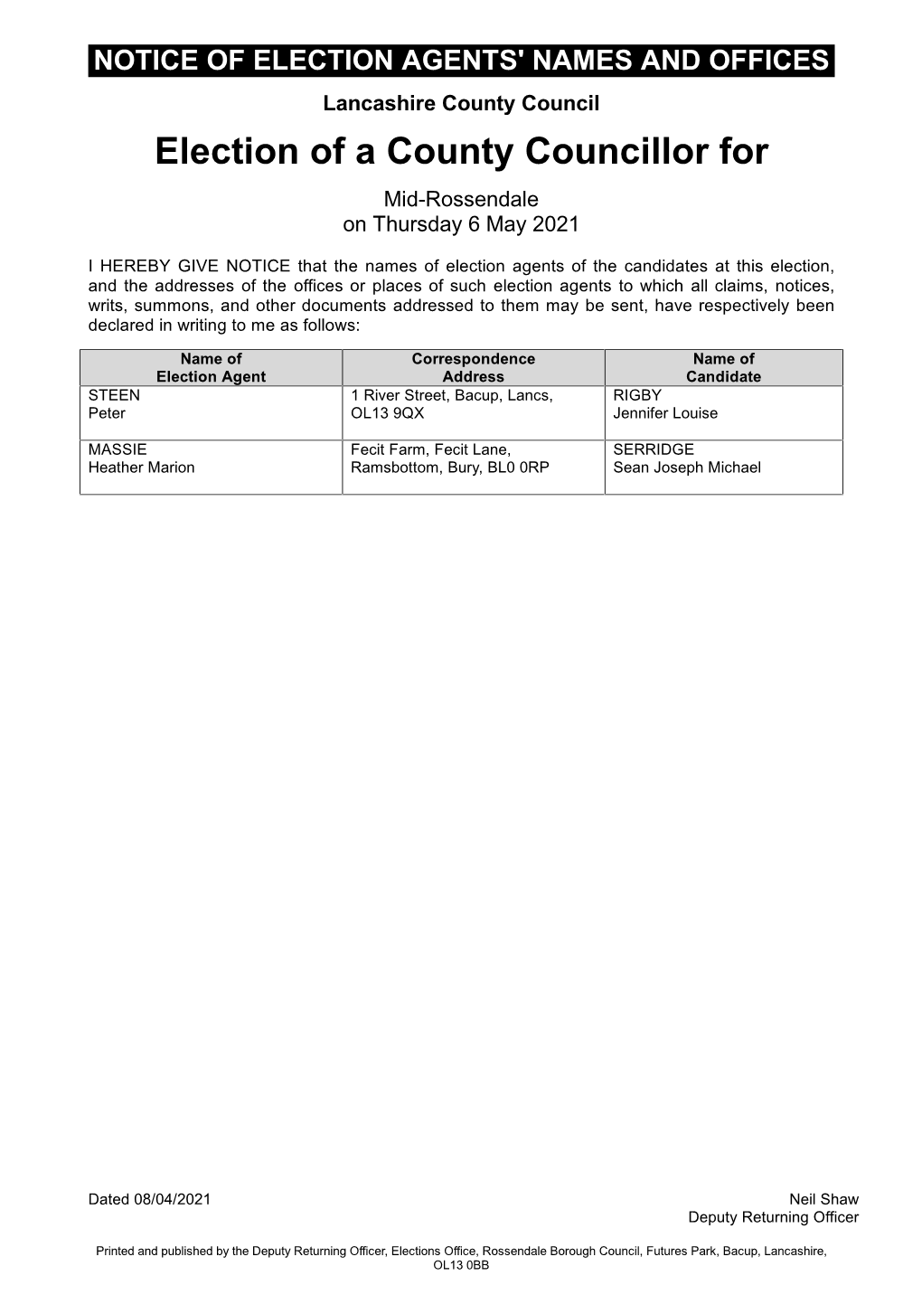 Election of a County Councillor for Mid-Rossendale on Thursday 6 May 2021