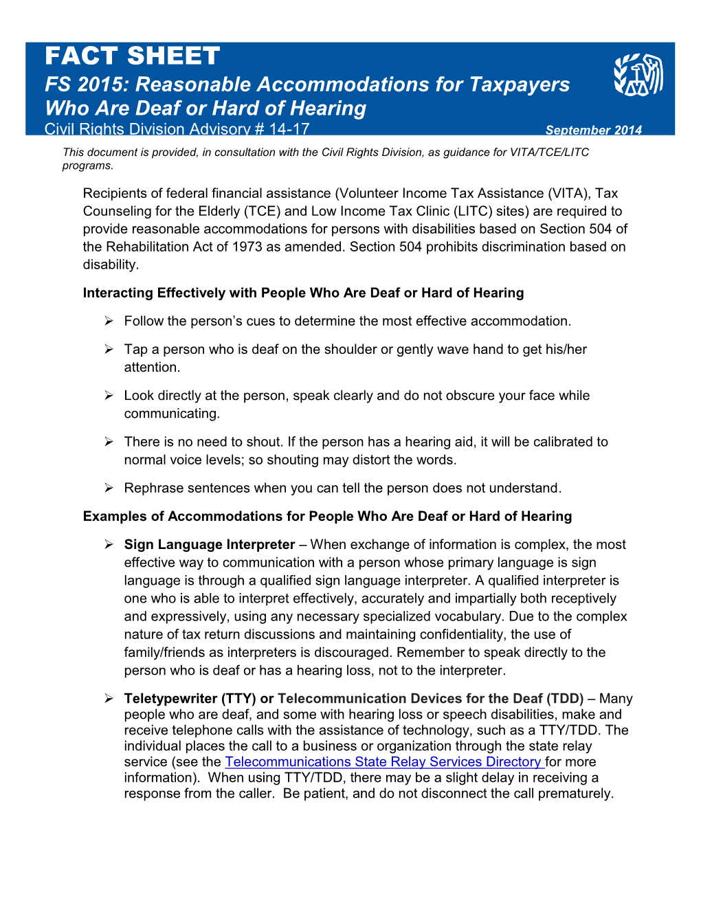 Fact Sheet for FS 2015 Reasonable Accommodations for Taxpayers