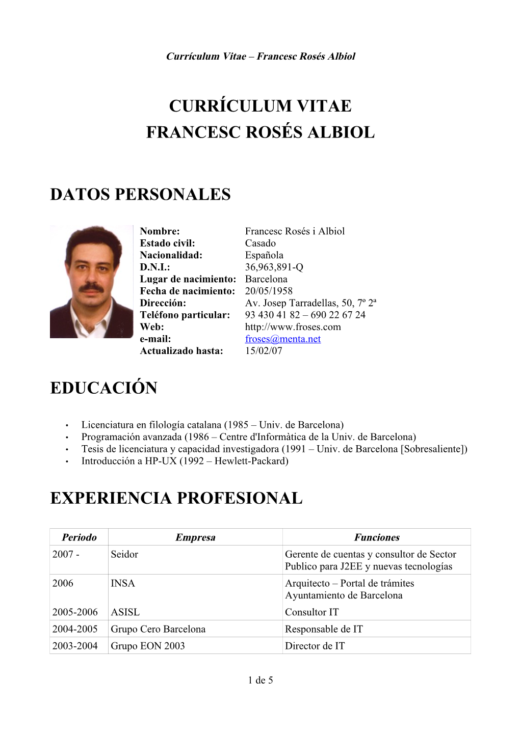 Currículum Vitae Francesc Rosés Albiol Datos Personales