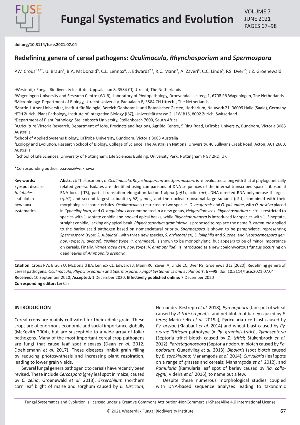 Fungal Systematics and Evolution PAGES 67–98