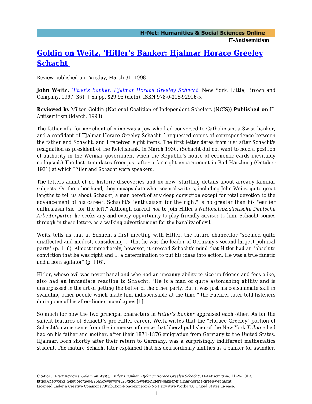 Goldin on Weitz, 'Hitler's Banker: Hjalmar Horace Greeley Schacht'