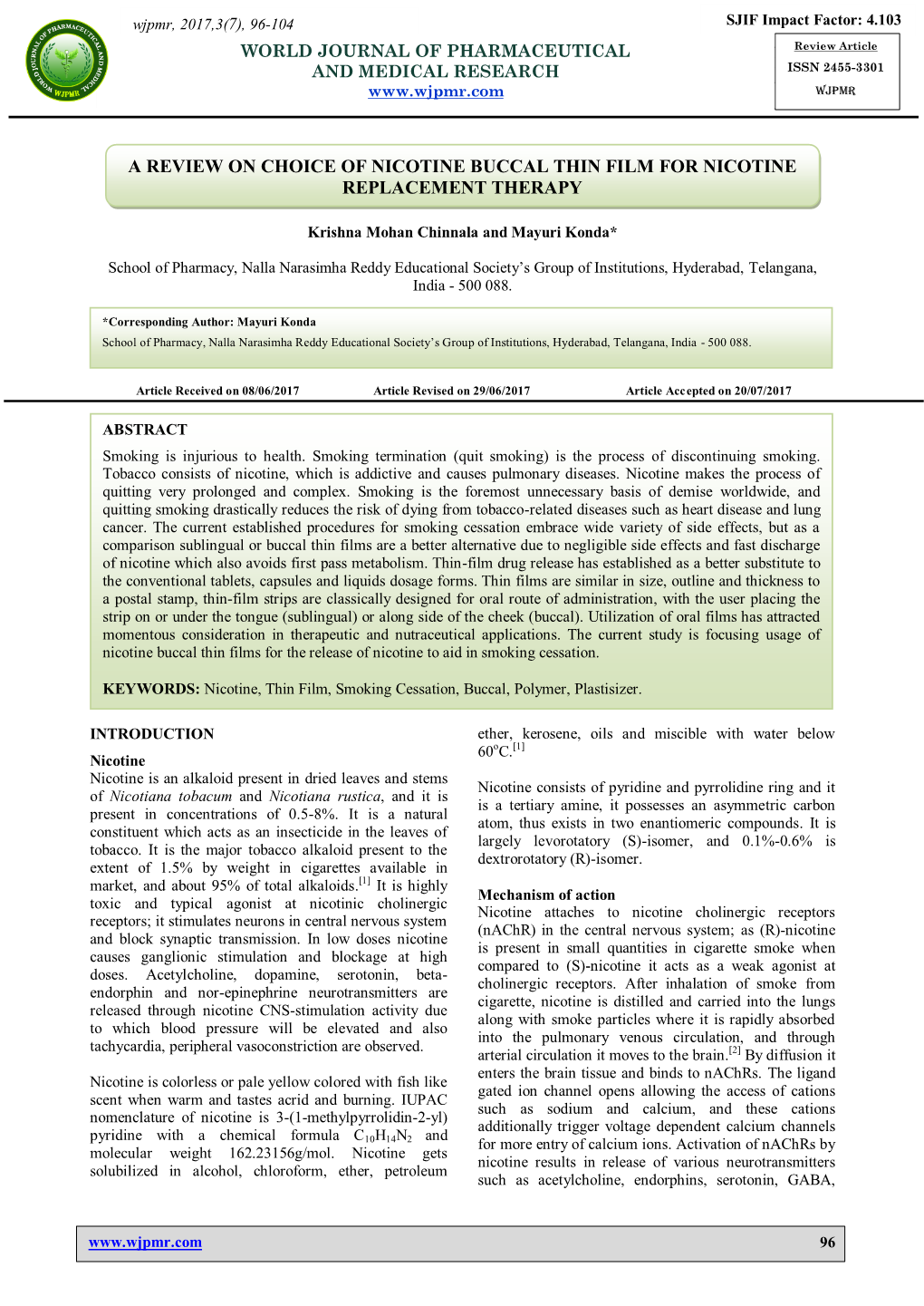 A Review on Choice of Nicotine Buccal Thin Film for Nicotine Replacement Therapy