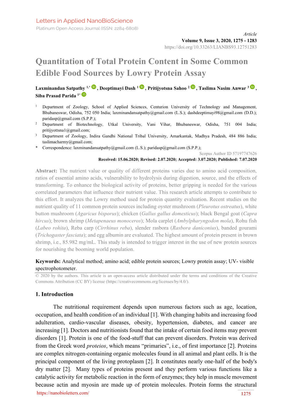 Quantitation of Total Protein Content in Some Common Edible Food Sources by Lowry Protein Assay