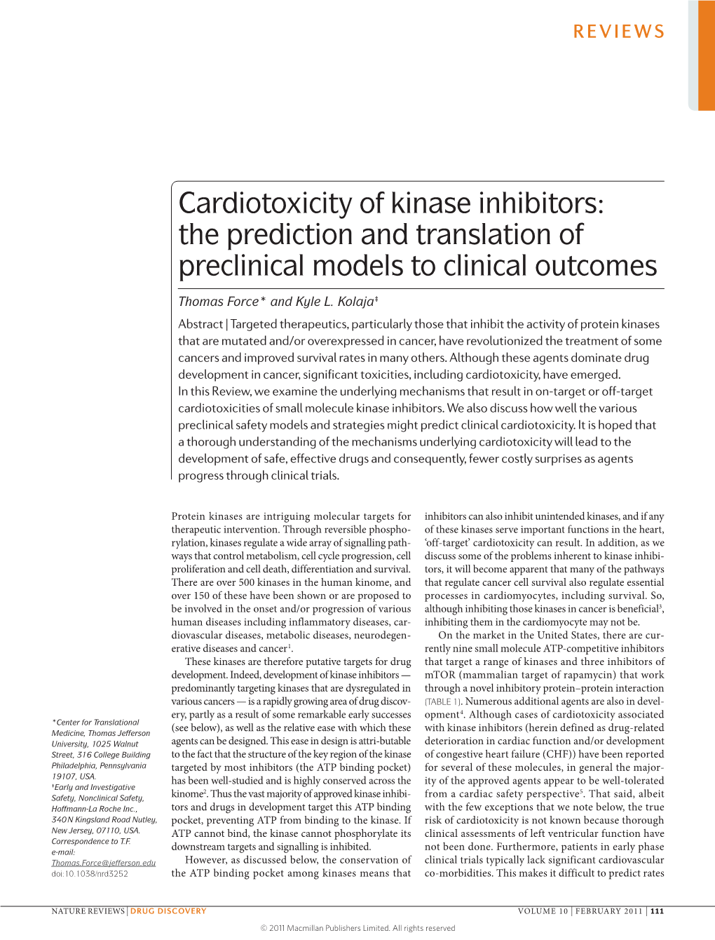 Cardiotoxicity of Kinase Inhibitors: the Prediction and Translation of Preclinical Models to Clinical Outcomes