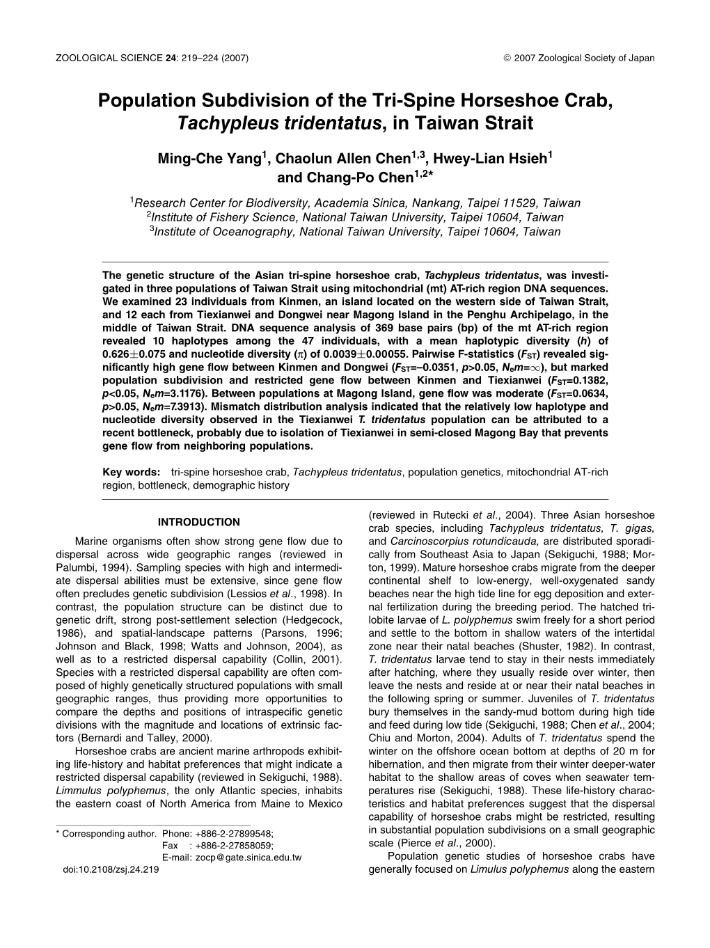 Population Subdivision of the Tri-Spine Horseshoe Crab, Tachypleus Tridentatus, in Taiwan Strait