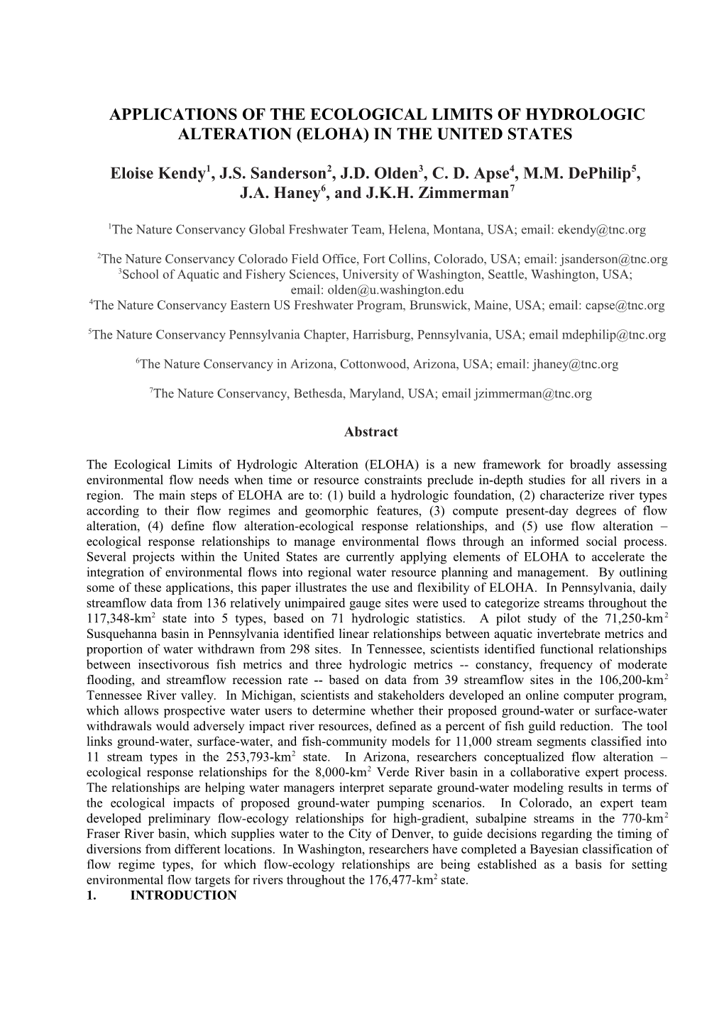 Applications of the Ecological Limits of Hydrologic Alteration (ELOHA) in the United States