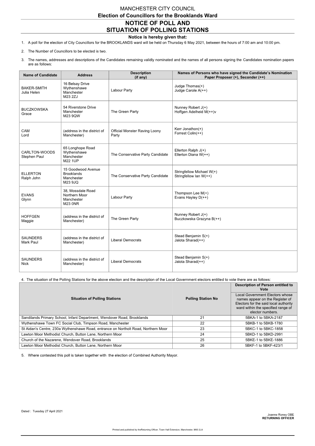 Notice of Poll and Situation of Polling Stations