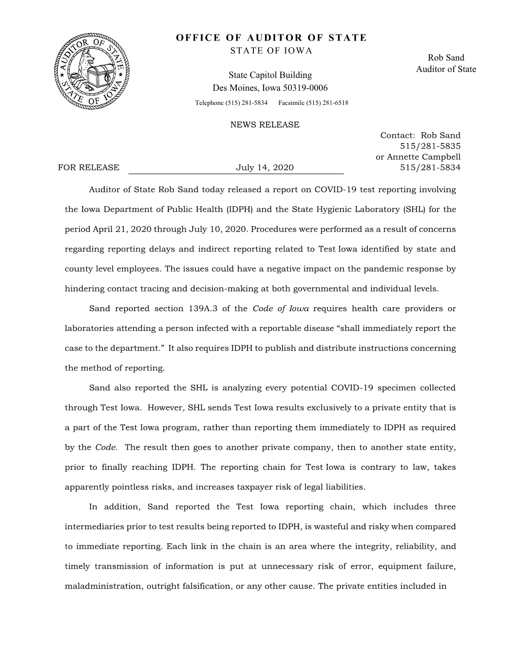 OFFICE of AUDITOR of STATE STATE of IOWA Rob Sand Auditor of State State Capitol Building