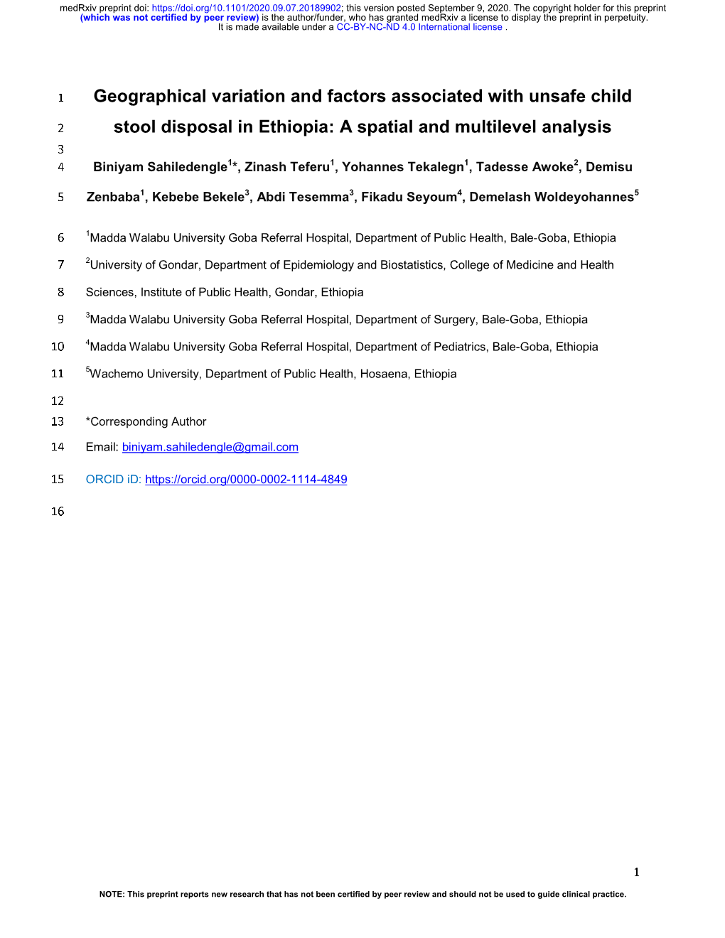 Geographical Variation and Factors Associated with Unsafe Child 2 Stool Disposal in Ethiopia: a Spatial and Multilevel Analysis