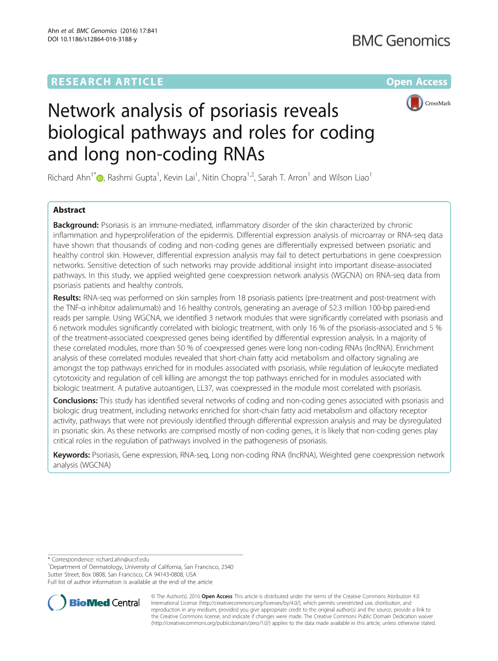 Network Analysis of Psoriasis Reveals Biological Pathways and Roles For