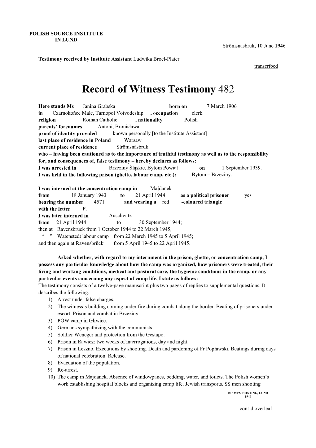 Record of Witness Testimony 482