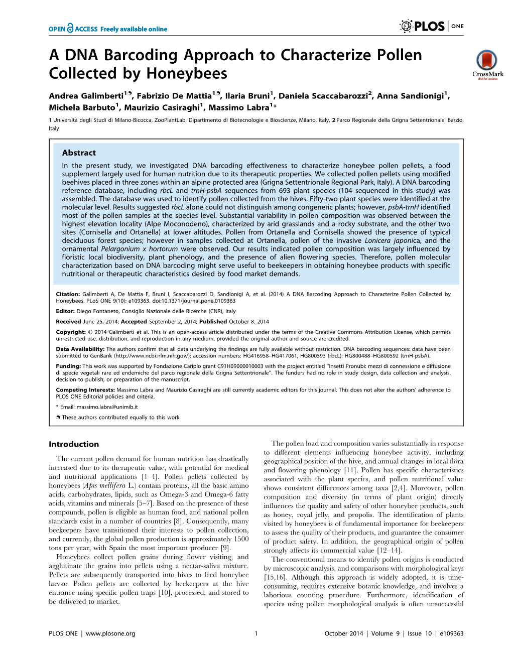 A DNA Barcoding Approach to Characterize Pollen Collected by Honeybees