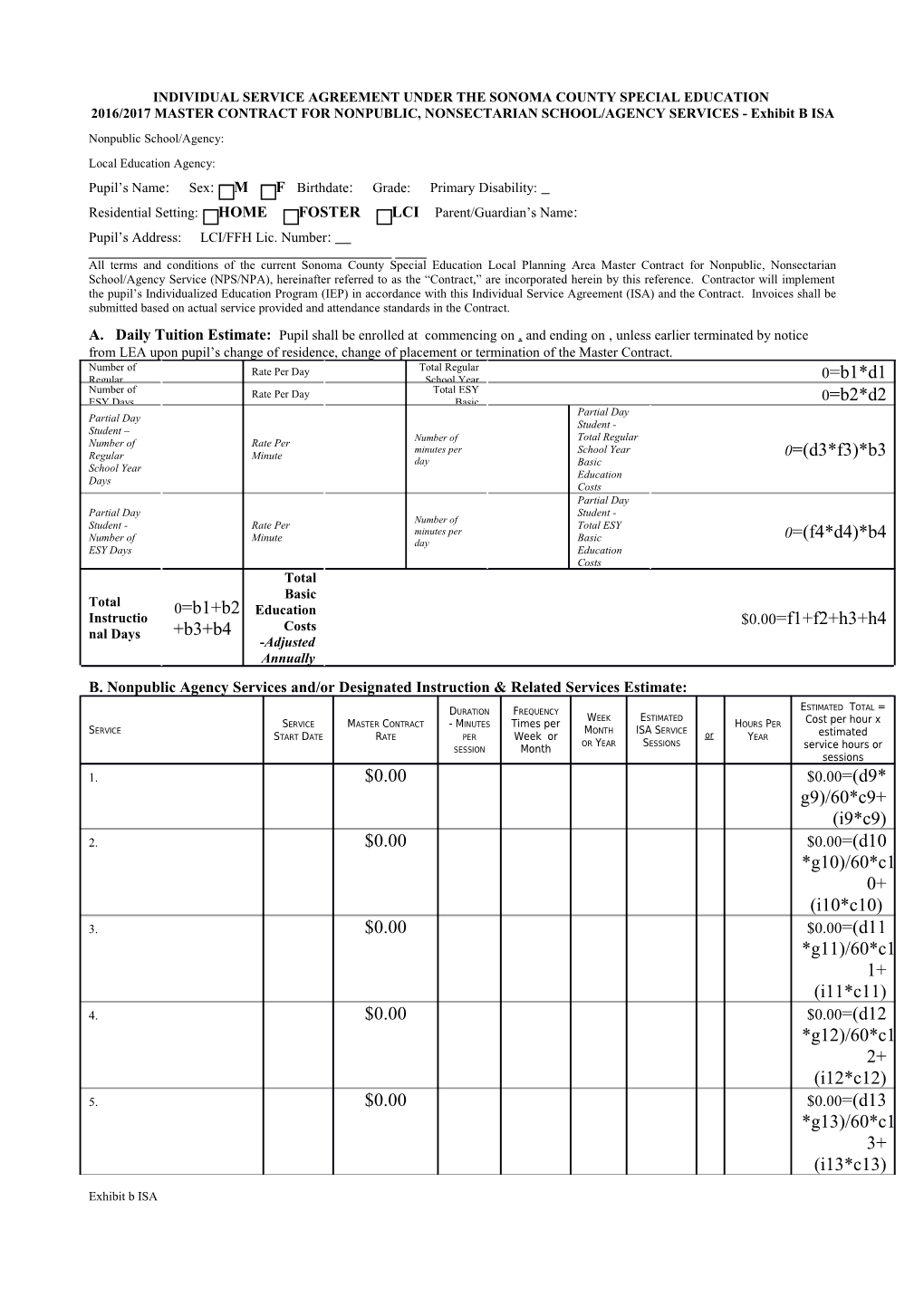 Individual Service Agreement Under the Sonoma County Special Education