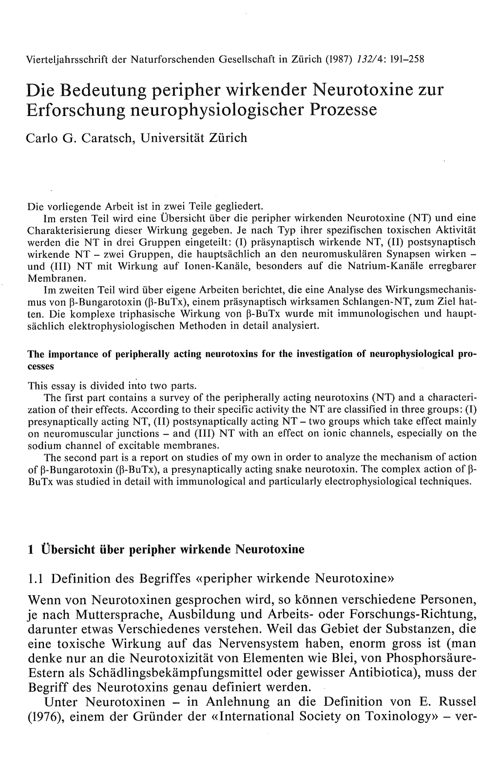 Die Bedeutung Peripher Wirkender Neurotoxine Zur Erforschung Neurophysiologischer Prozesse Carlo G