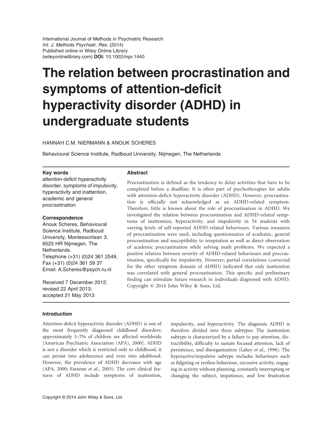 The Relation Between Procrastination and Symptoms of Attention-Deficit