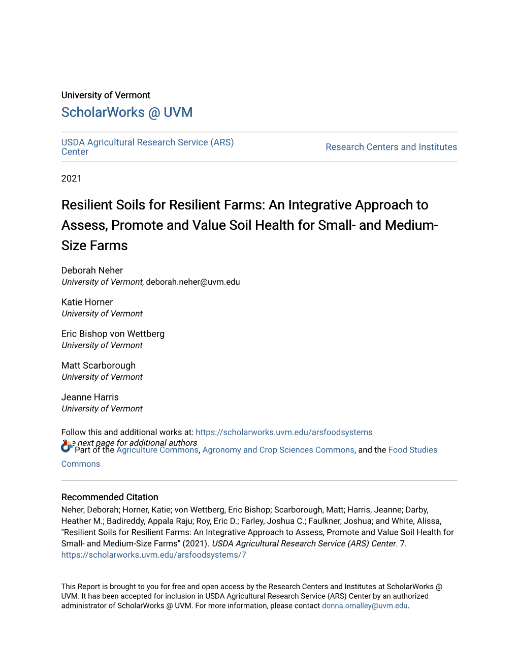 Resilient Soils for Resilient Farms: an Integrative Approach to Assess, Promote and Value Soil Health for Small- and Medium- Size Farms