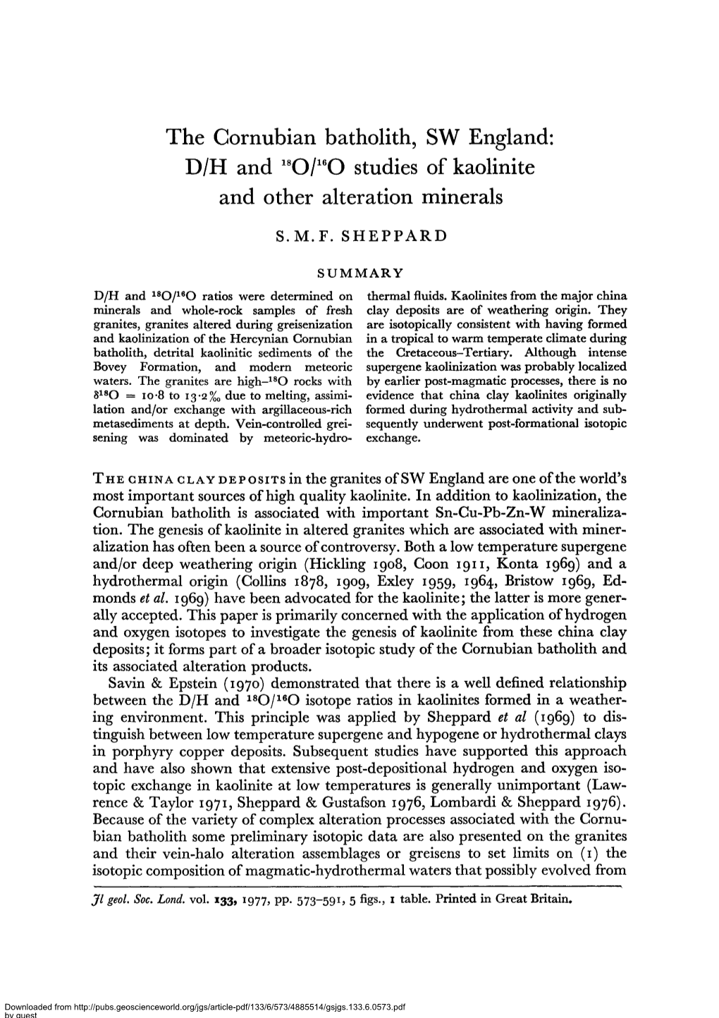 The Cornubian Batholith, SW England: D/H and 180/160 Studies of Kaolinite and Other Alteration Minerals