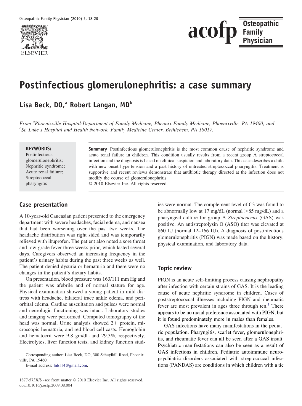 Postinfectious Glomerulonephritis: a Case Summary