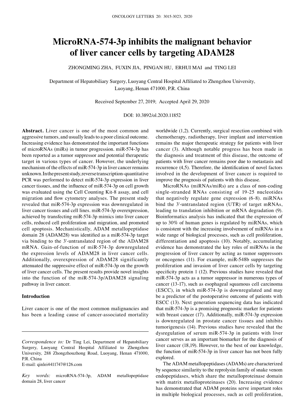 Microrna‑574‑3P Inhibits the Malignant Behavior of Liver Cancer Cells by Targeting ADAM28