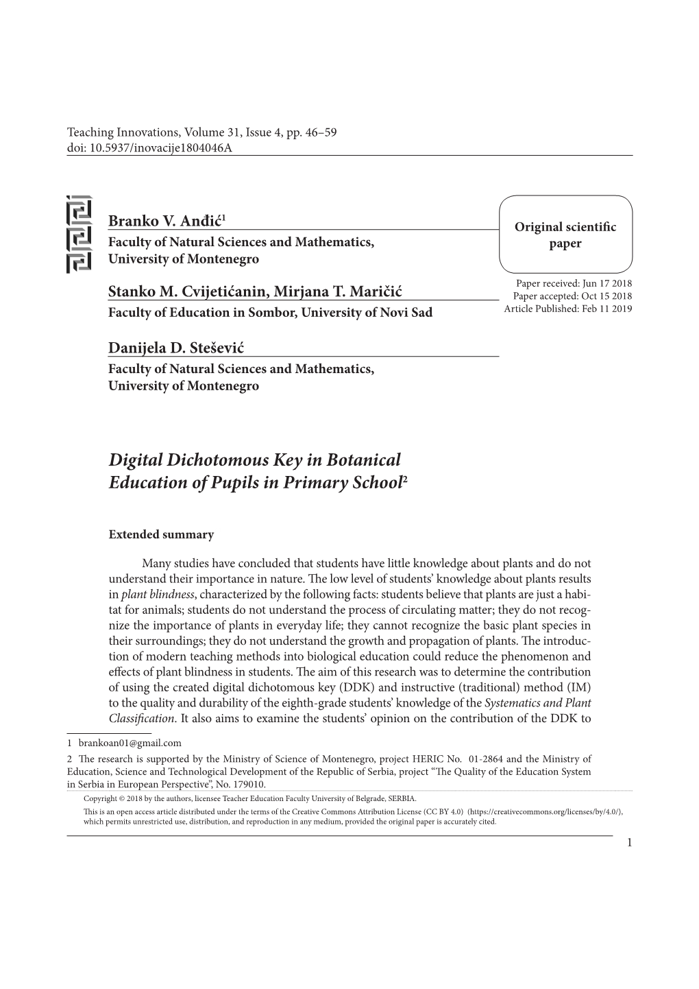 Digital Dichotomous Key in Botanical Education of Pupils in Primary School2