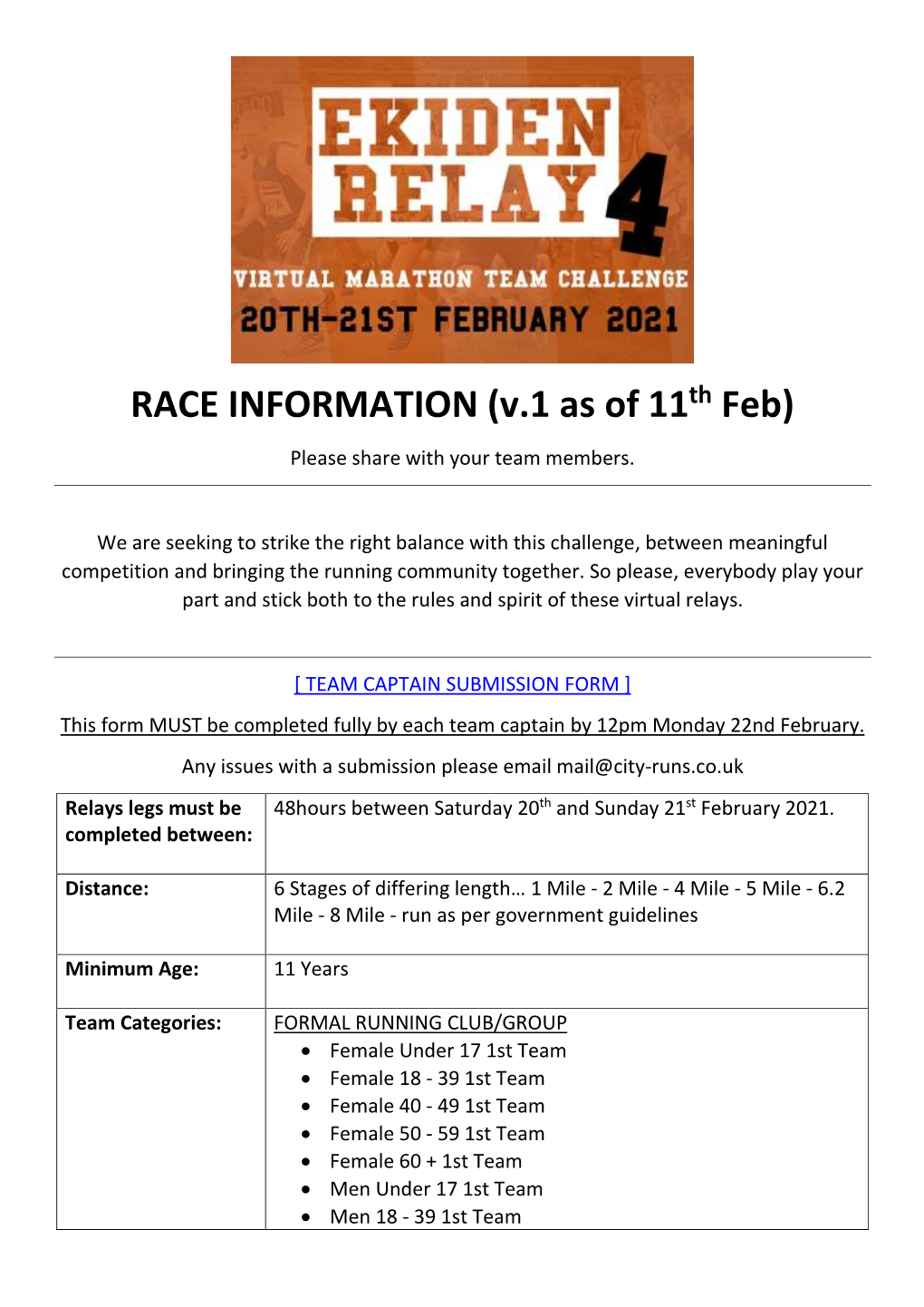 RACE INFORMATION (V.1 As of 11Th Feb) Please Share with Your Team Members