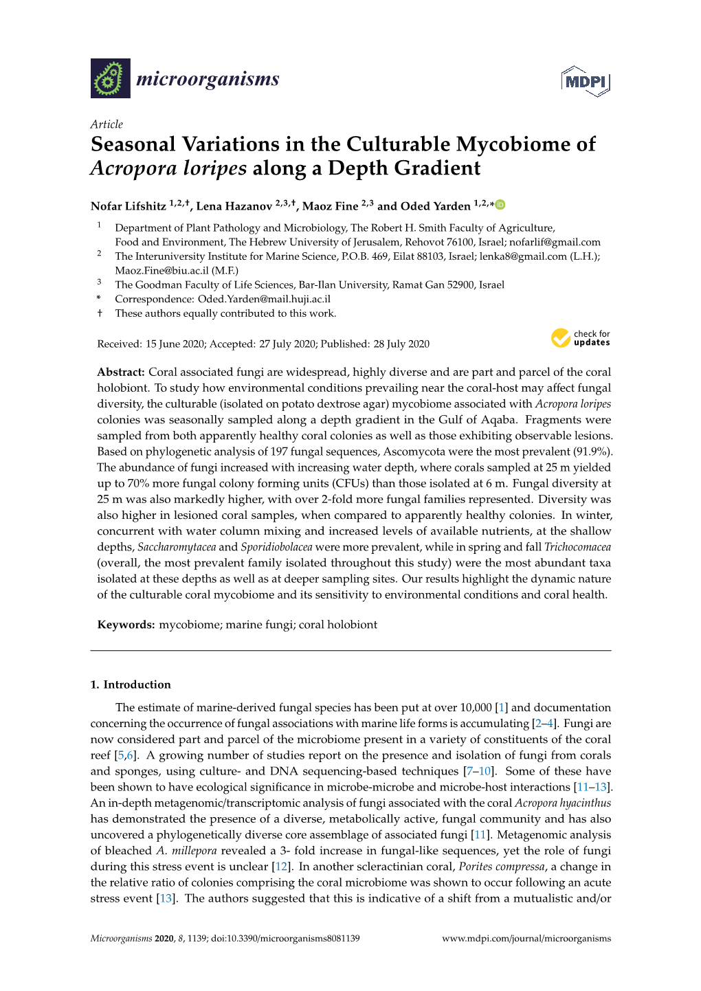 Seasonal Variations in the Culturable Mycobiome of Acropora Loripes Along a Depth Gradient