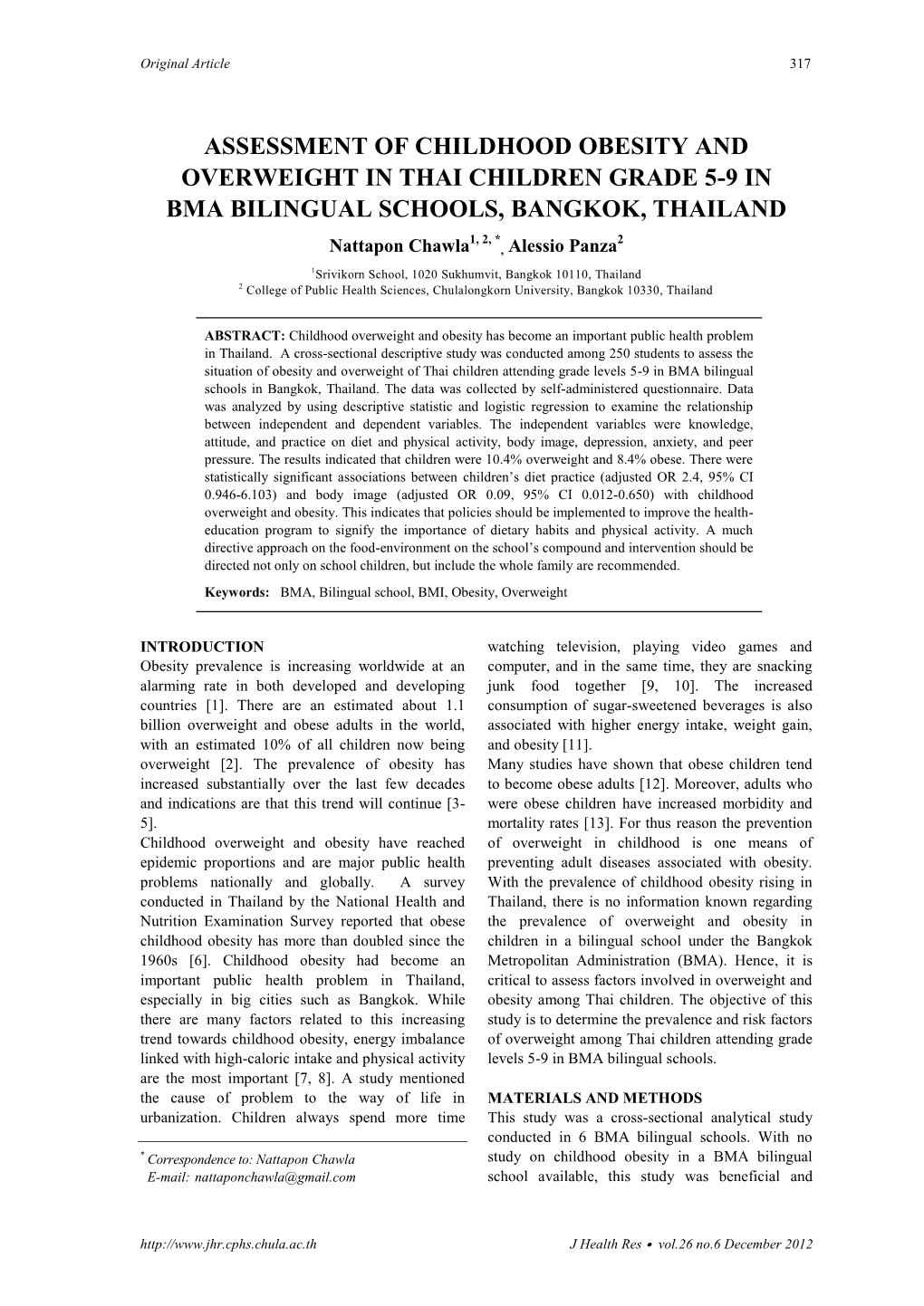 Assessment of Childhood Obesity and Overweight in Thai Children Grade 5