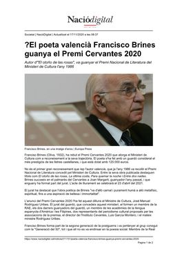 ?El Poeta Valencià Francisco Brines Guanya El Premi Cervantes 2020