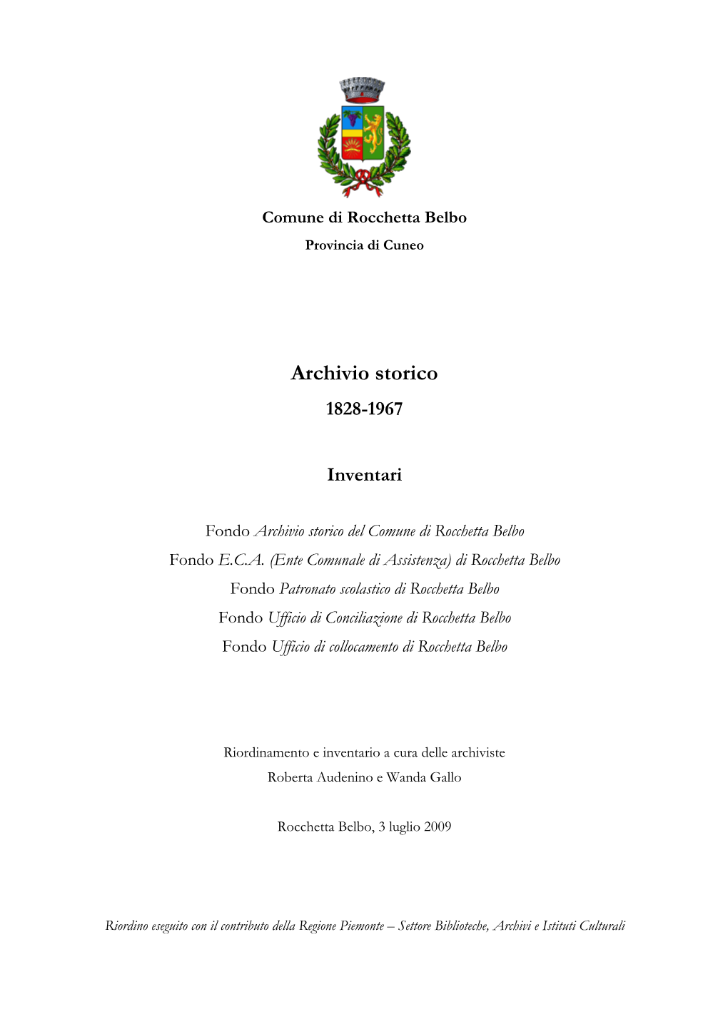 Comune Di Rocchetta Belbo. Inventario Archivio Storico