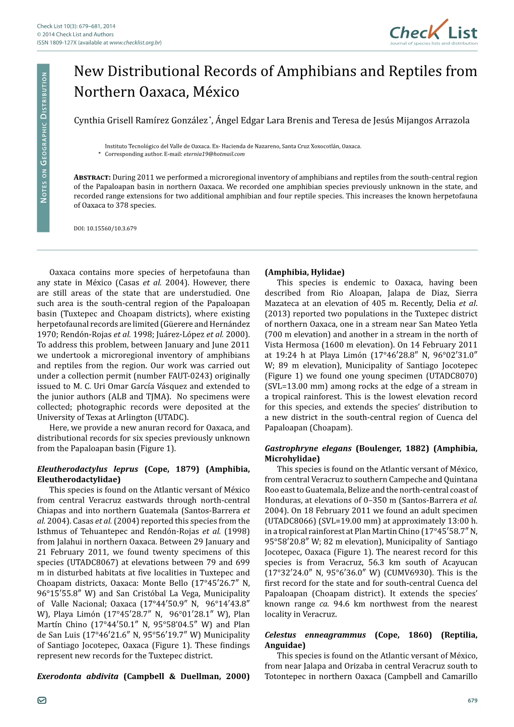 Chec List ISSN 1809-127X (Available at Journal of Species Lists and Distribution