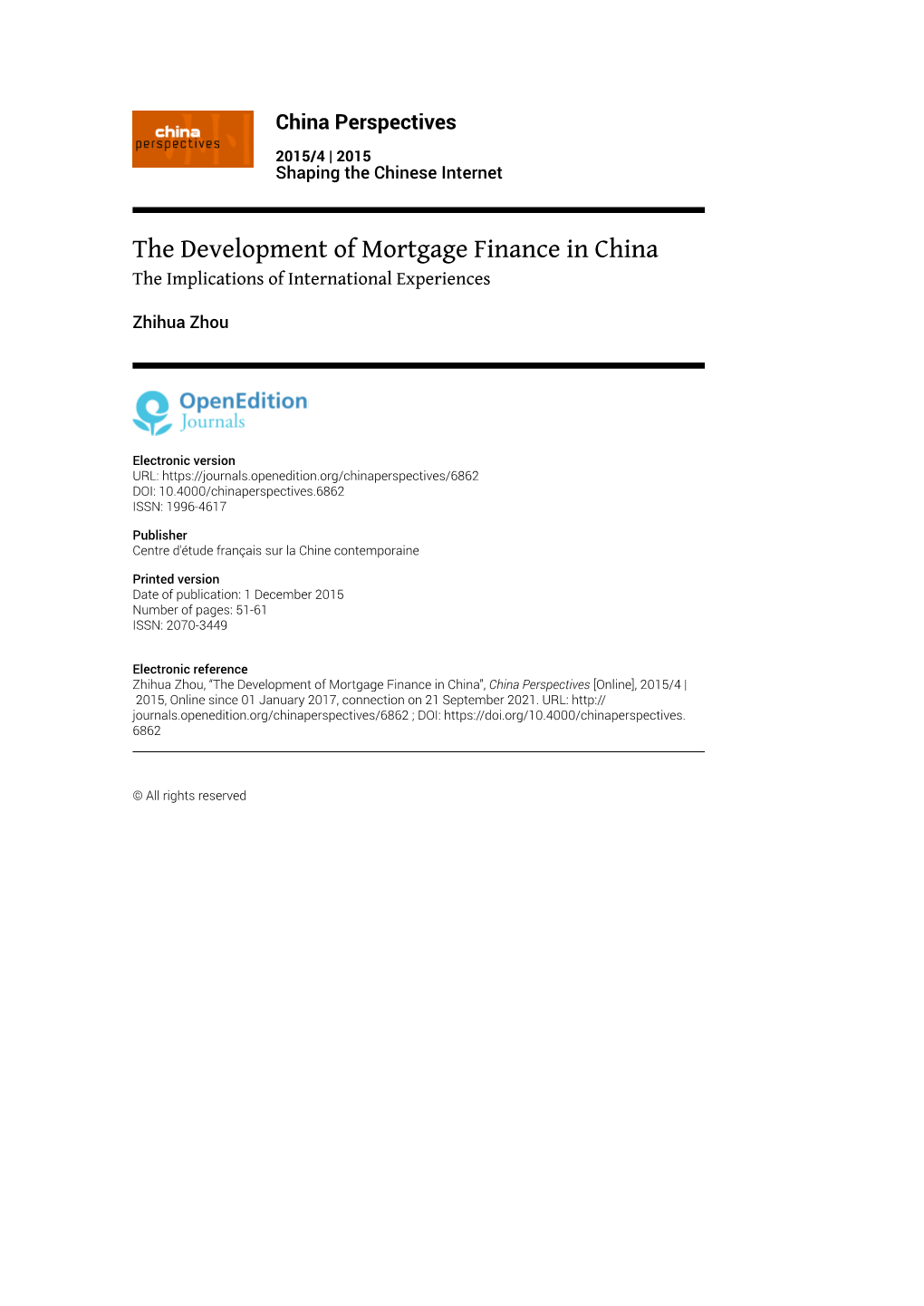 The Development of Mortgage Finance in China the Implications of International Experiences