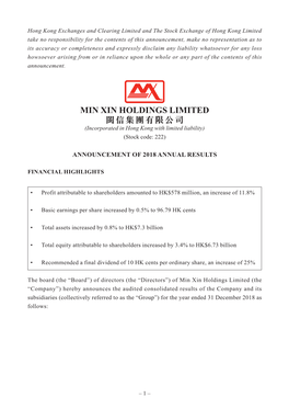MIN XIN HOLDINGS LIMITED 閩信集團有限公司 (Incorporated in Hong Kong with Limited Liability) (Stock Code: 222)
