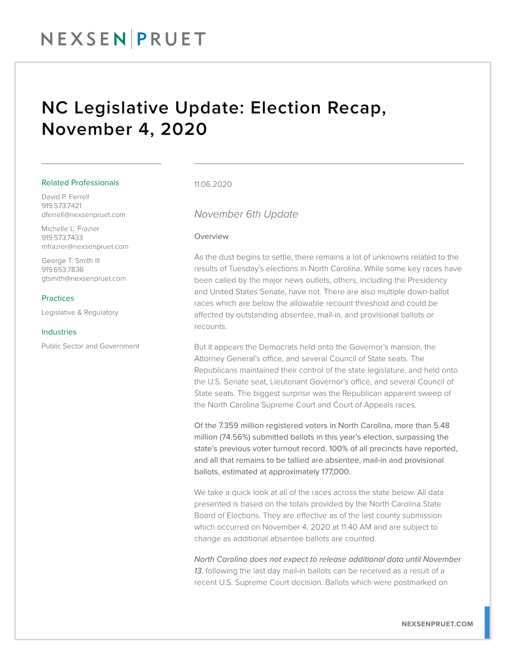 NC Legislative Update: Election Recap, November 4, 2020