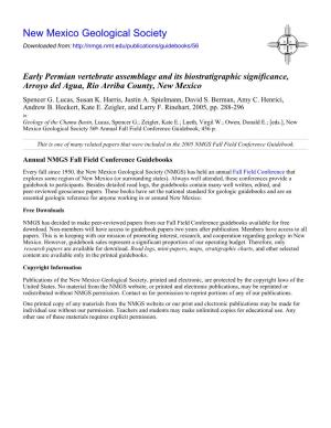 Early Permian Vertebrate Assemblage and Its Biostratigraphic Significance, Arroyo Del Agua, Rio Arriba County, New Mexico Spencer G