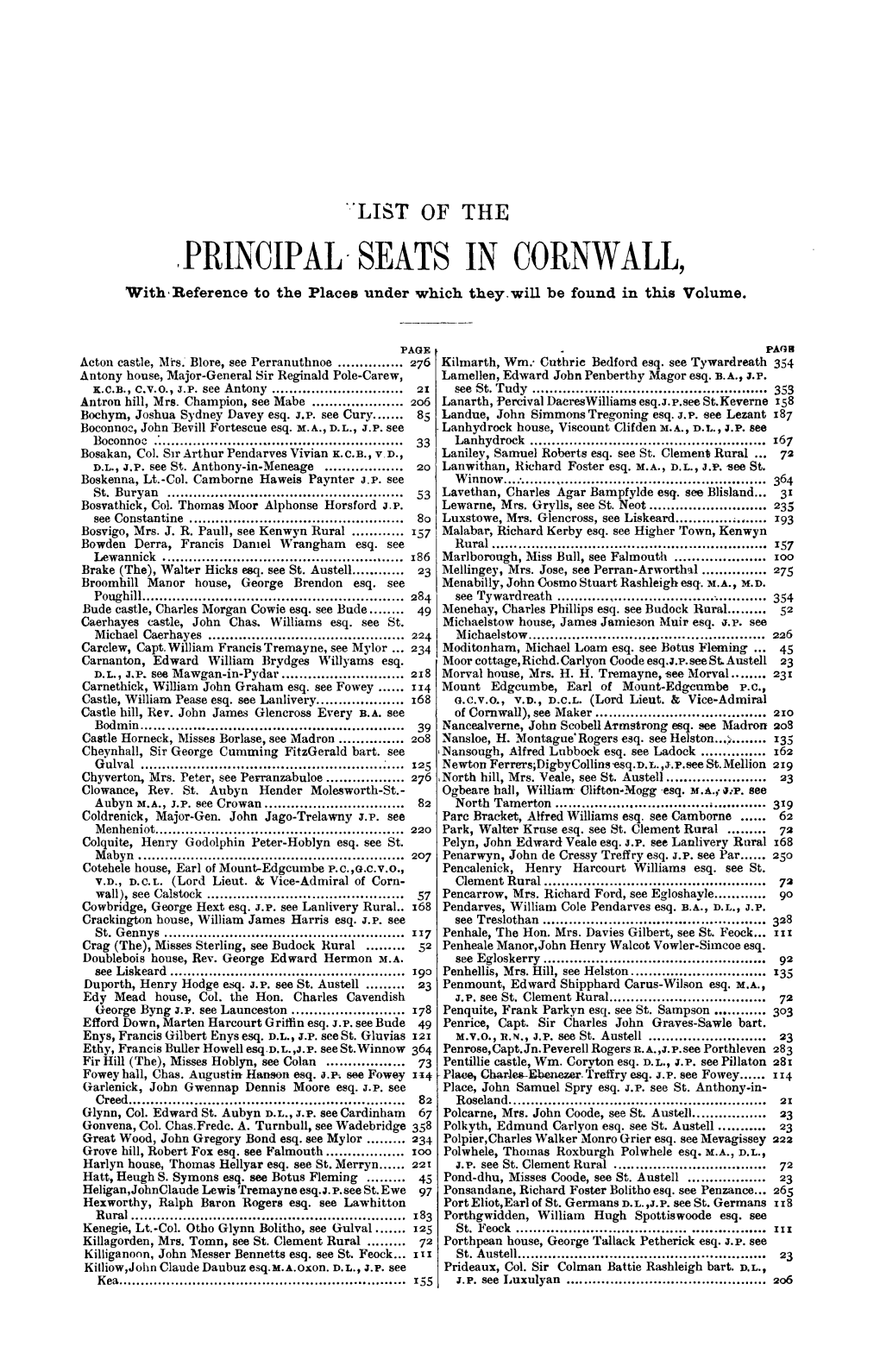 LIST of the .PRINCIPAL· SEATS in CORNWALL, With·Reference to the Places Under Which They.Will Be Found in This Volume