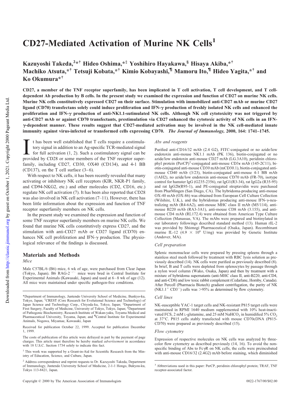 Cells CD27-Mediated Activation of Murine NK