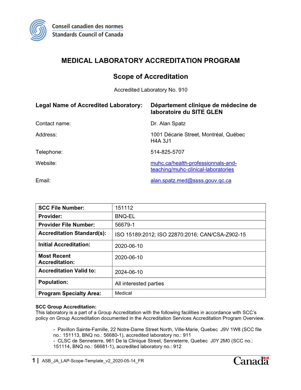 MEDICAL LABORATORY ACCREDITATION PROGRAM Scope of Accreditation