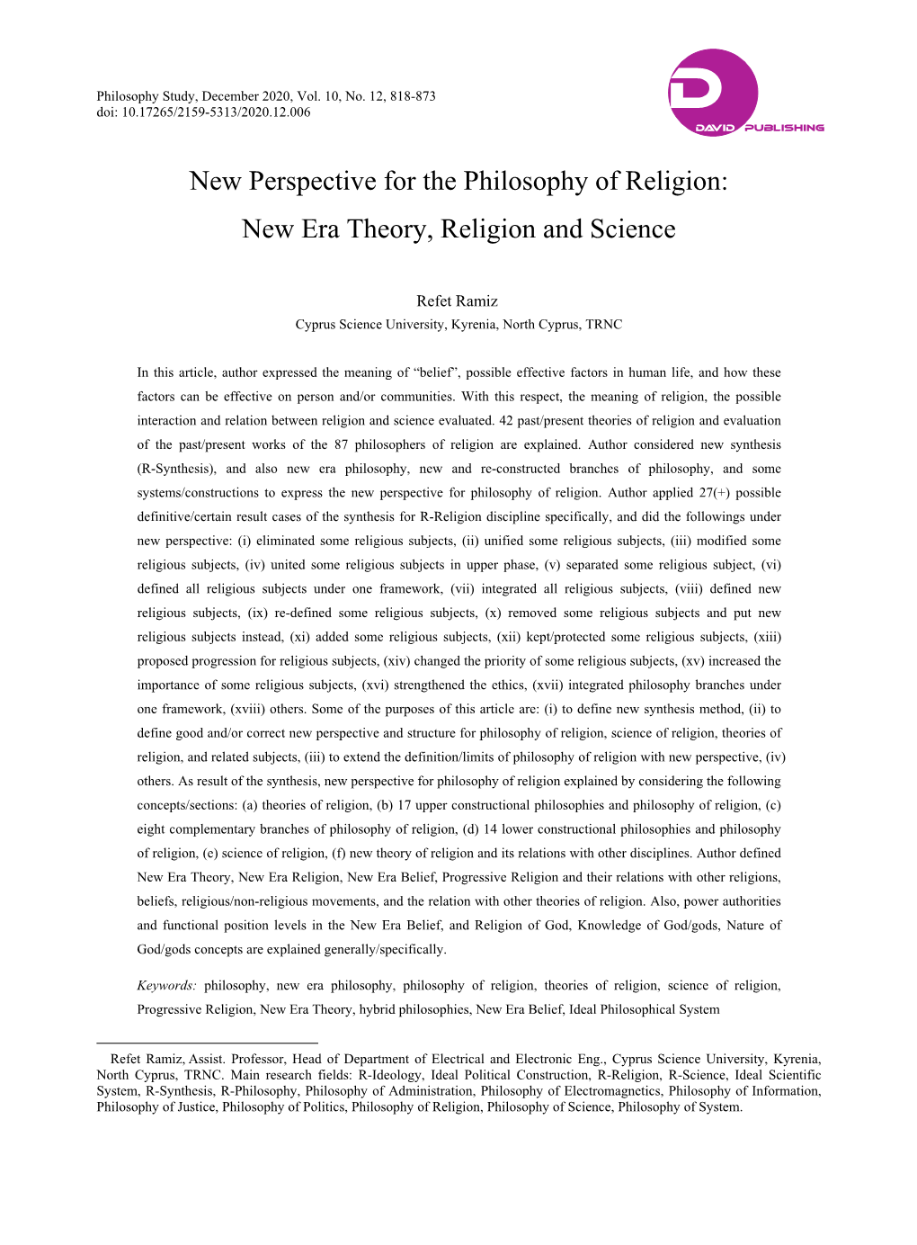 New Era Theory, Religion and Science